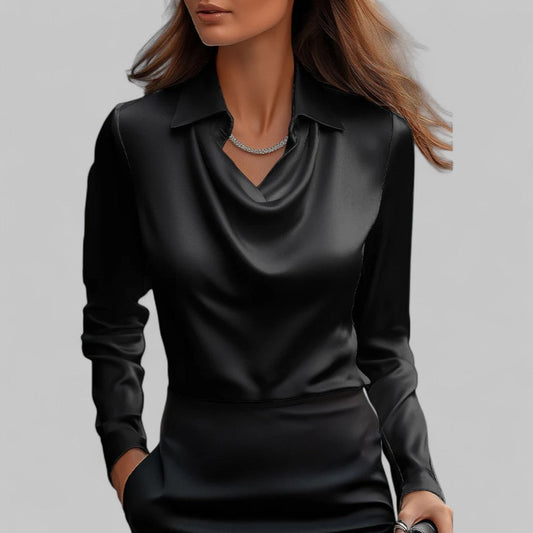 Elegant Satin Blouse with Cowl Neck and Classic Collar