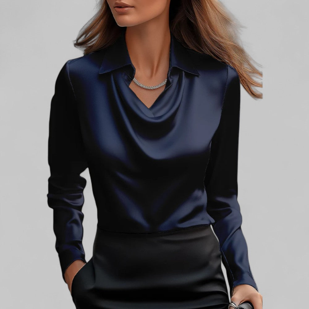 Elegant Satin Blouse with Cowl Neck and Classic Collar