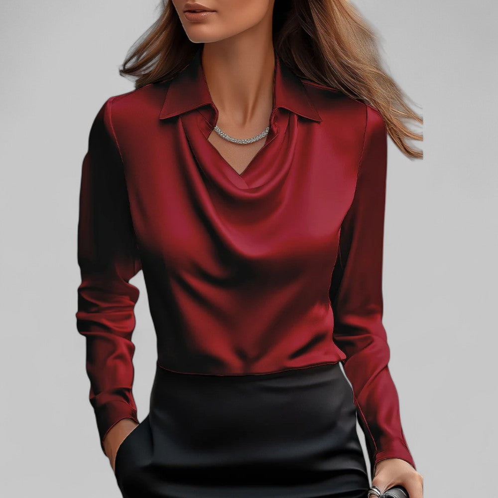Elegant Satin Blouse with Cowl Neck and Classic Collar