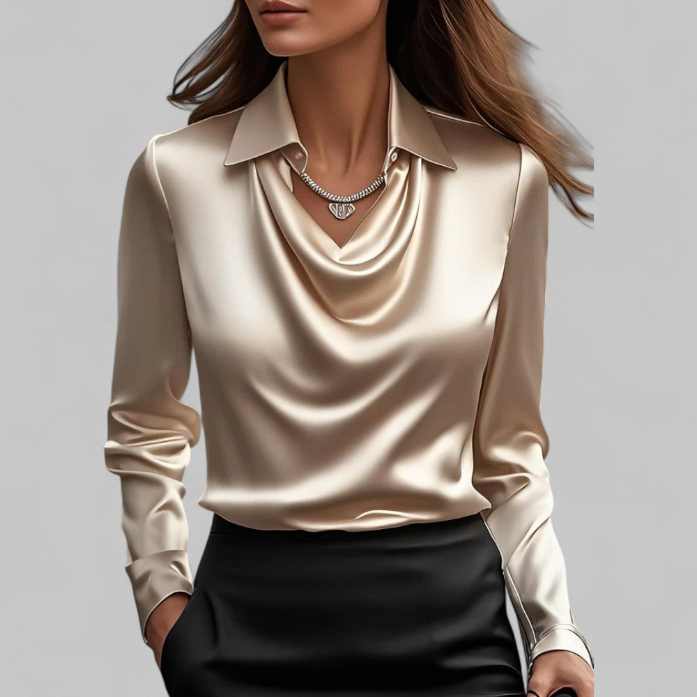 Elegant Satin Blouse with Cowl Neck and Classic Collar