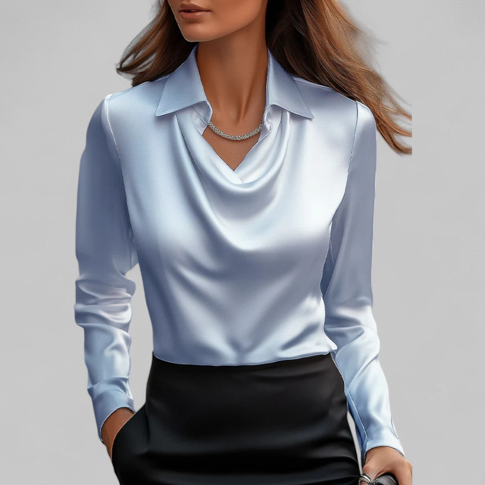 Elegant Satin Blouse with Cowl Neck and Classic Collar