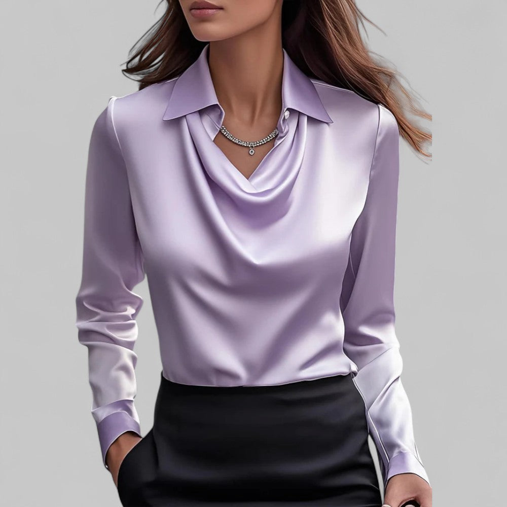 Elegant Satin Blouse with Cowl Neck and Classic Collar