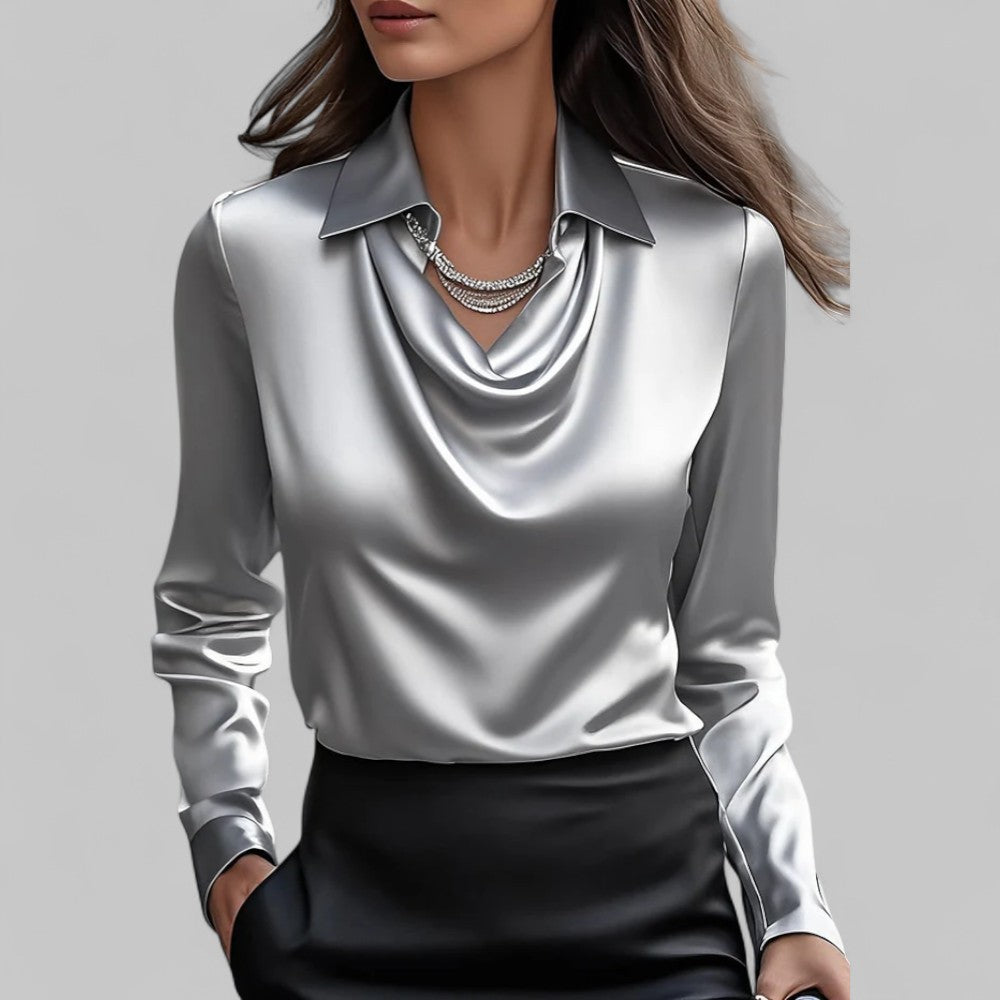 Elegant Satin Blouse with Cowl Neck and Classic Collar