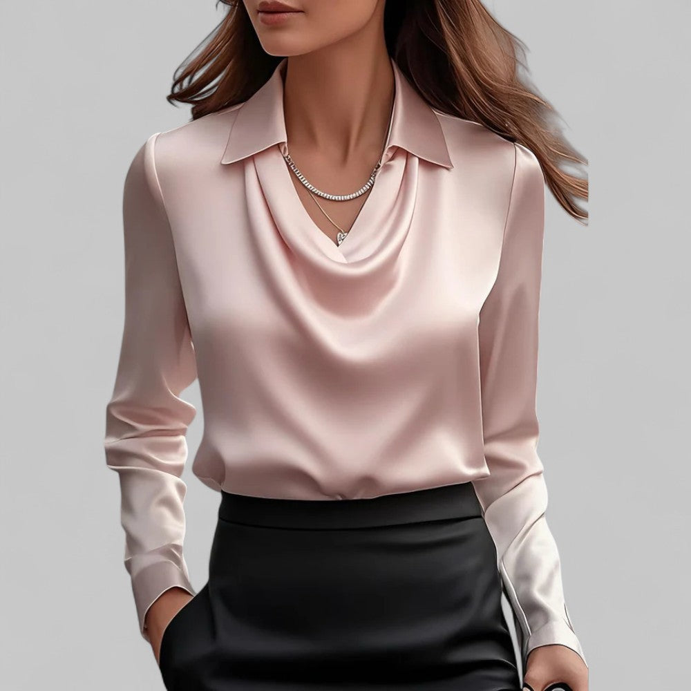 Elegant Satin Blouse with Cowl Neck and Classic Collar