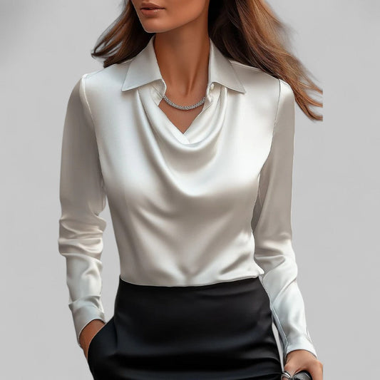 Elegant Satin Blouse with Cowl Neck and Classic Collar