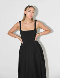 Elegant Square Neck Midi Dress with Full A-Line Skirt