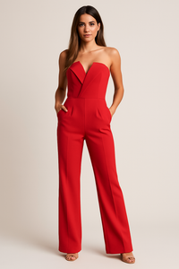 Elegant Strapless Wide Leg Jumpsuit with V-Neckline
