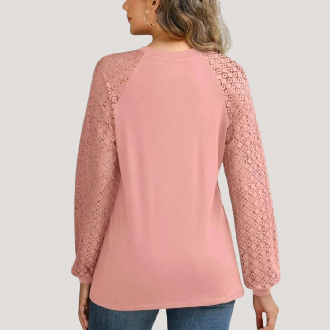 Elegant Top with Lace Sleeves and Pleated Front
