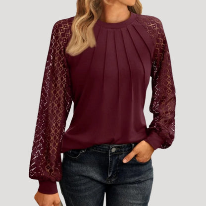 Elegant Top with Lace Sleeves and Pleated Front