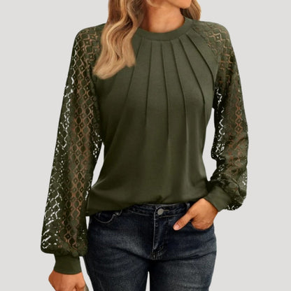 Elegant Top with Lace Sleeves and Pleated Front