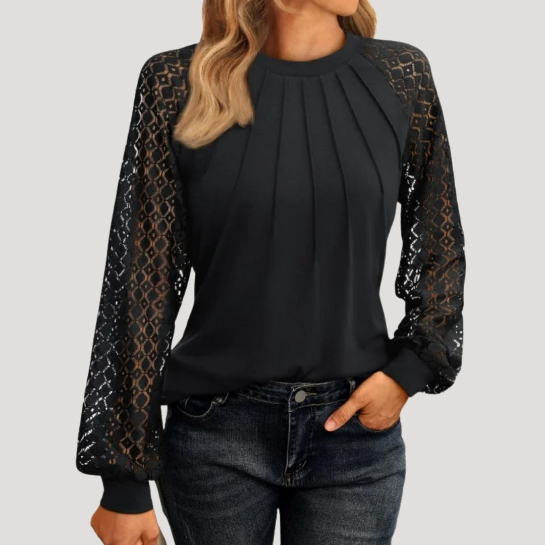 Elegant Top with Lace Sleeves and Pleated Front