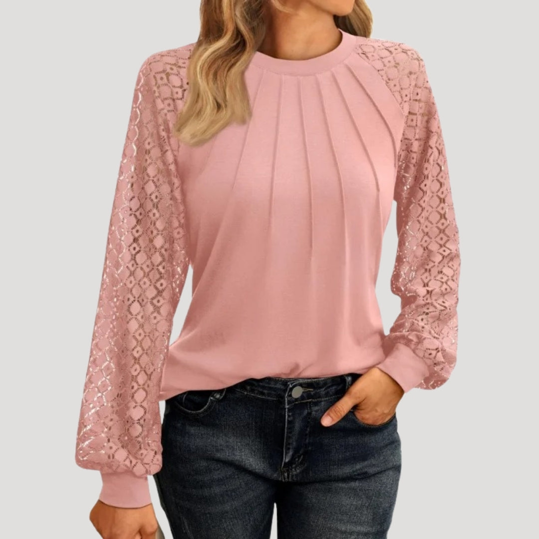 Elegant Top with Lace Sleeves and Pleated Front