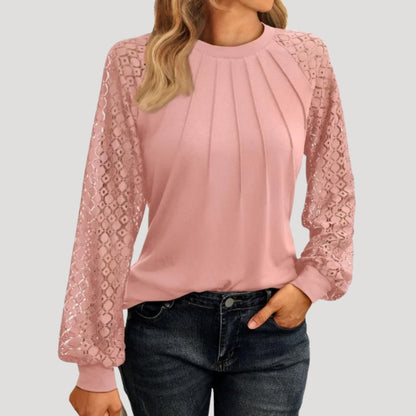Elegant Top with Lace Sleeves and Pleated Front