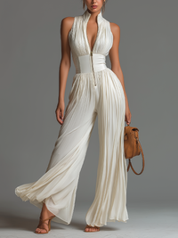Elegant White Pleated Wide Leg Jumpsuit with Deep V-Neckline and Zip Front