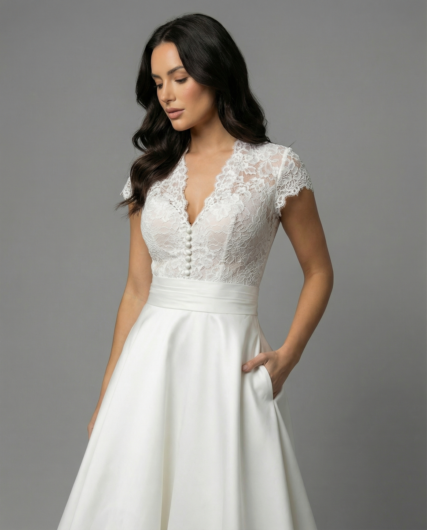 Elegant White Wedding Dress with Lace Bodice and Full Skirt