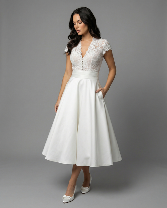Elegant White Wedding Dress with Lace Bodice and Full Skirt