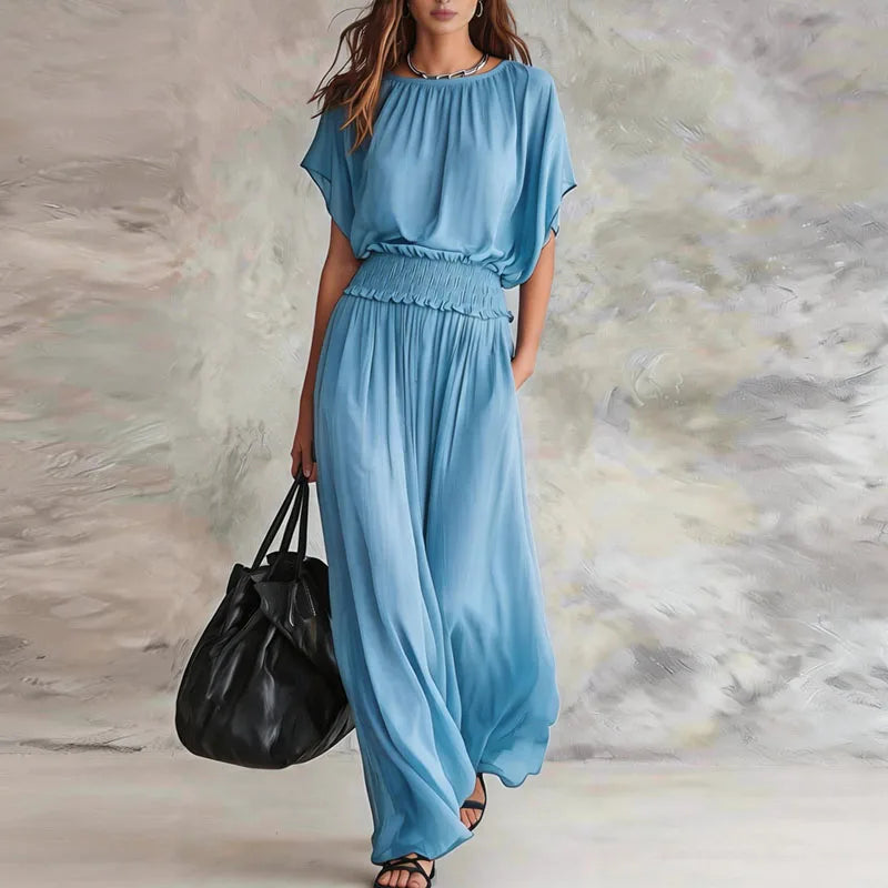 Elegant Wide Leg Jumpsuit with Smocked Waist and Batwing Sleeves