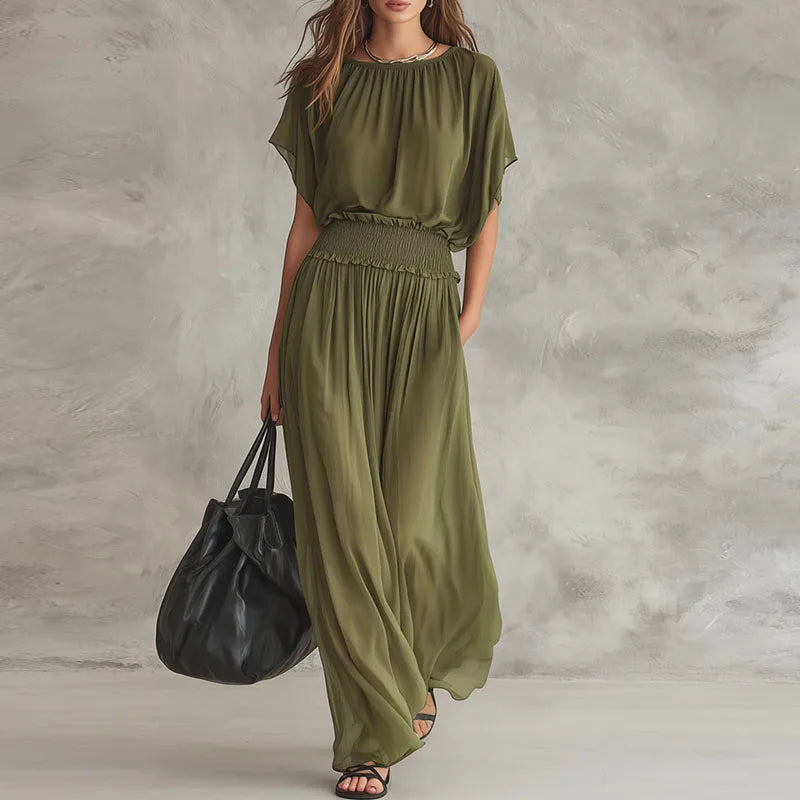 Elegant Wide Leg Jumpsuit with Smocked Waist and Batwing Sleeves