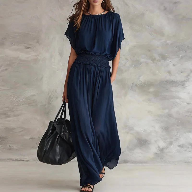 Elegant Wide Leg Jumpsuit with Smocked Waist and Batwing Sleeves