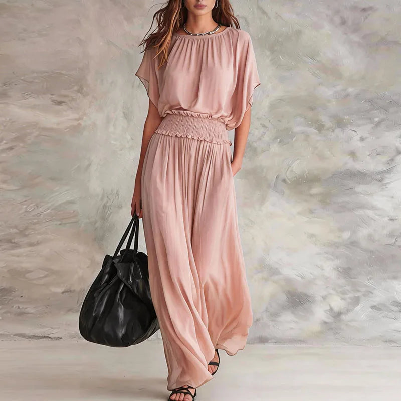 Elegant Wide Leg Jumpsuit with Smocked Waist and Batwing Sleeves