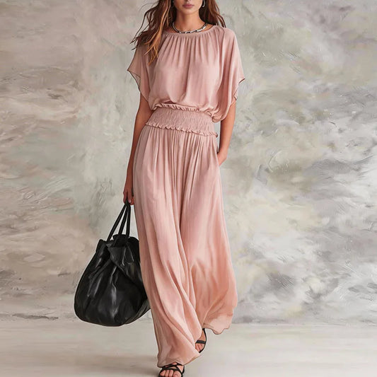 Elegant Wide Leg Jumpsuit with Smocked Waist and Batwing Sleeves