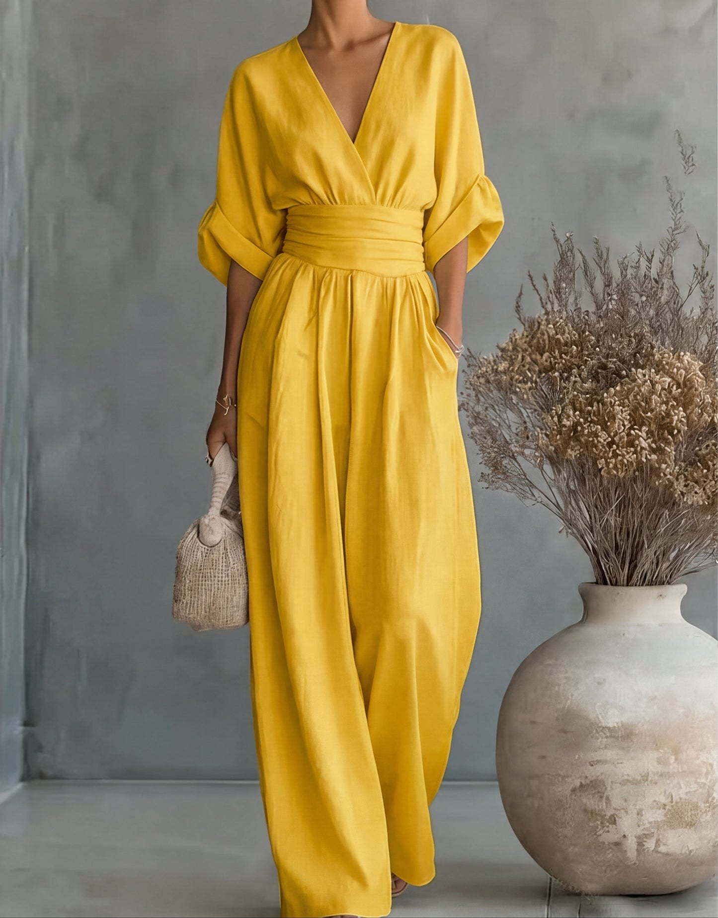 Elegant Wide Leg Jumpsuit with Wrap V-Neckline and Cinched Waist