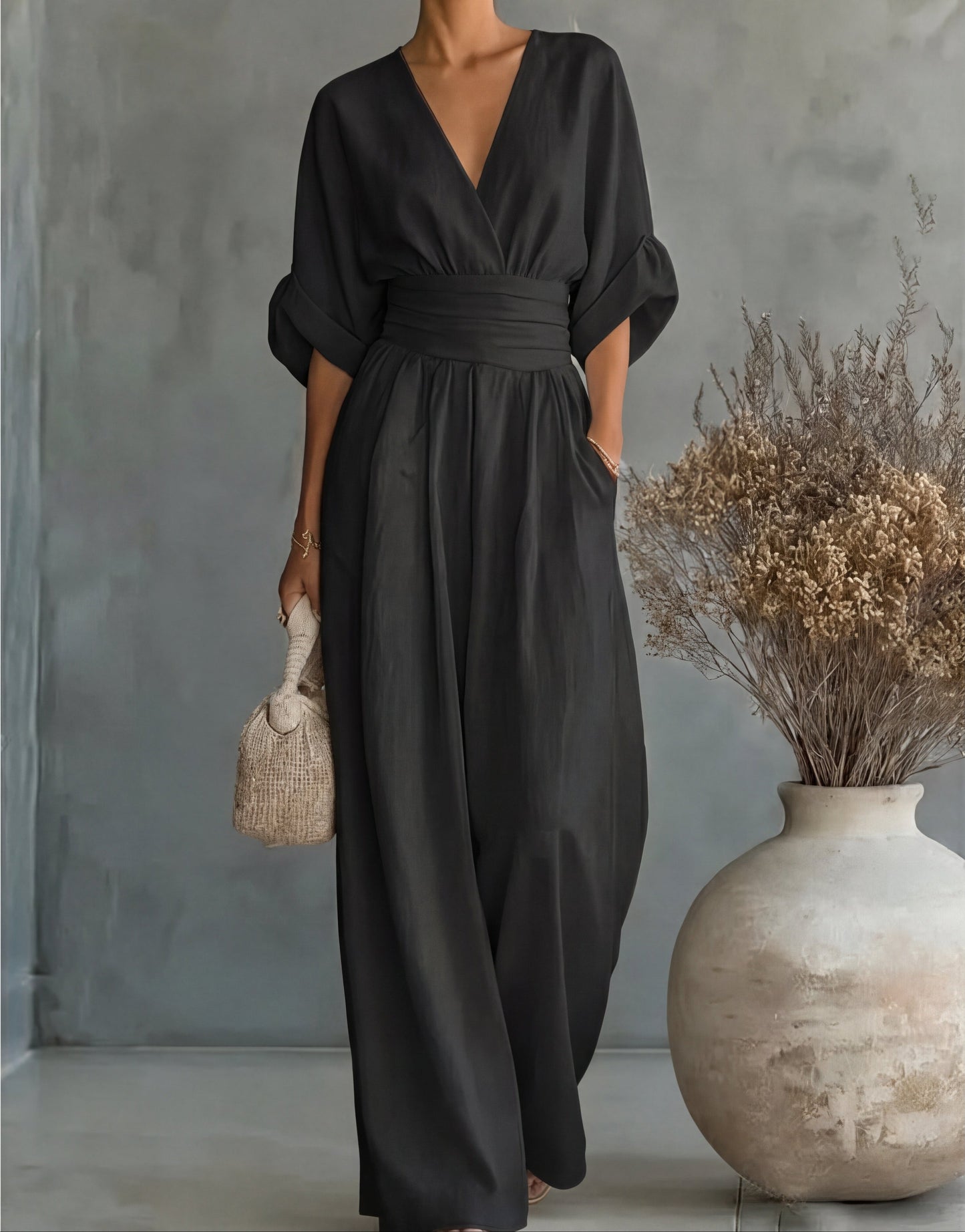 Elegant Wide Leg Jumpsuit with Wrap V-Neckline and Cinched Waist