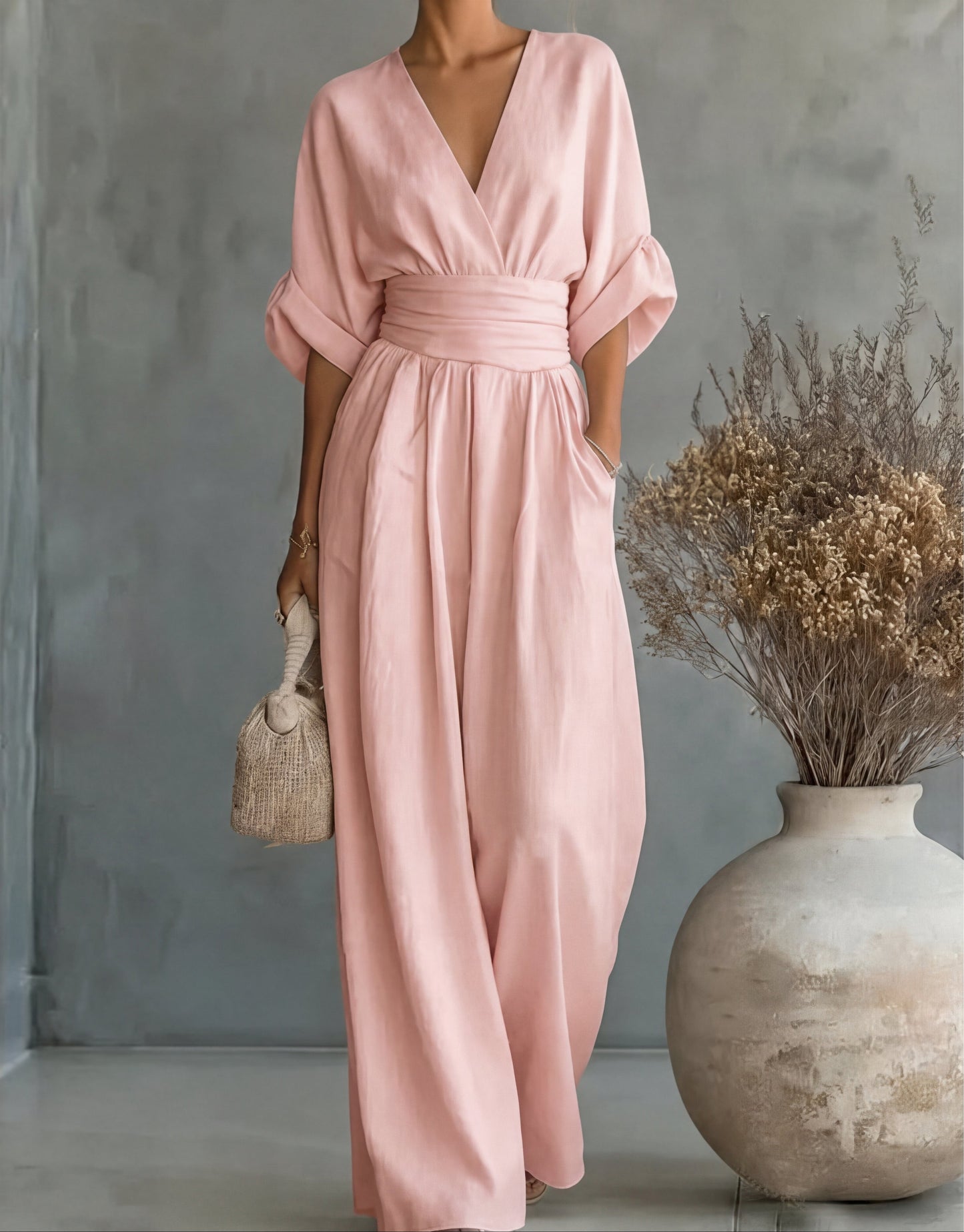 Elegant Wide Leg Jumpsuit with Wrap V-Neckline and Cinched Waist