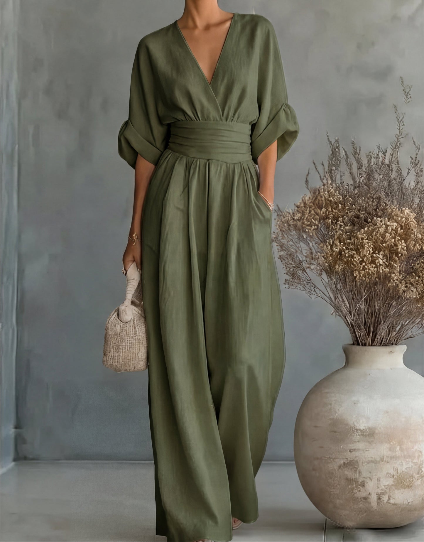Elegant Wide Leg Jumpsuit with Wrap V-Neckline and Cinched Waist