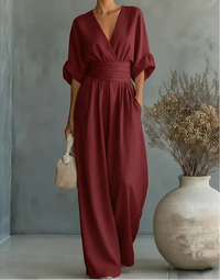 Elegant Wide Leg Jumpsuit with Wrap V-Neckline and Cinched Waist