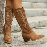 Embroidered Suede Knee High Cowboy Boots in Western Style