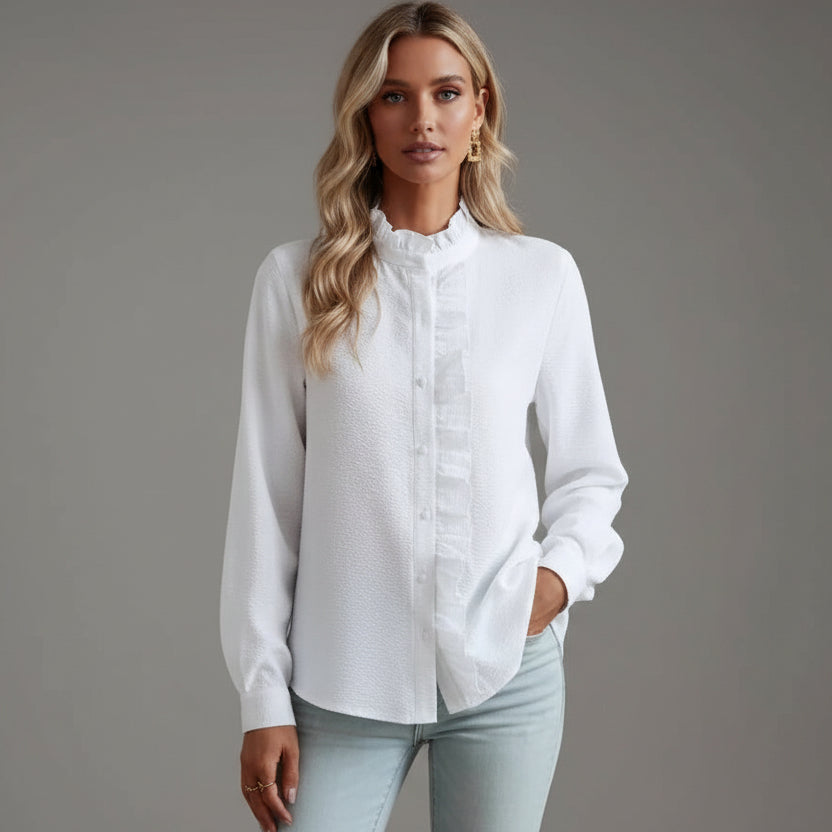 Feminine Ruffle Front Blouse with Long Sleeves and Button Closure