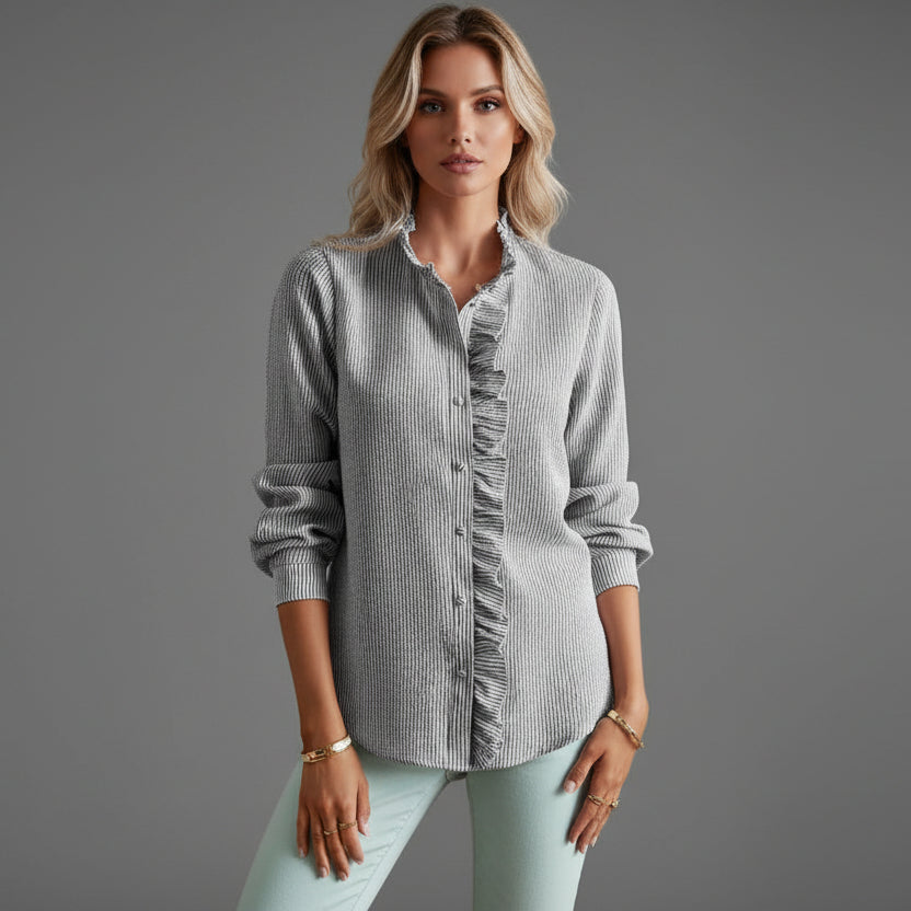 Feminine Ruffle Front Blouse with Long Sleeves and Button Closure