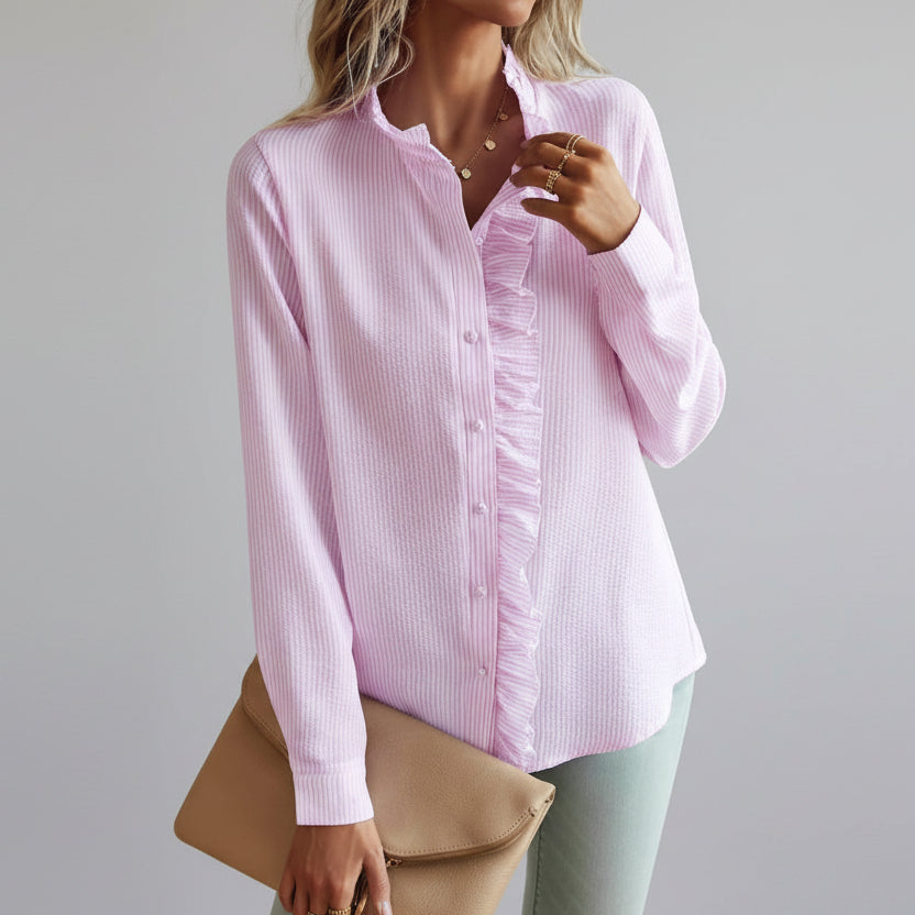 Feminine Ruffle Front Blouse with Long Sleeves and Button Closure