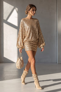 Festive Gold Sequin Mini Dress with Puff Sleeves