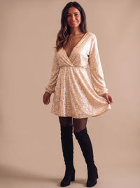 Festive Gold Sequin Mini Dress with Wrap Front and V-Neckline
