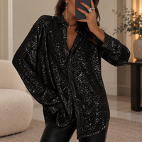 Festive Sequin Blouse with Long Sleeves and Collar