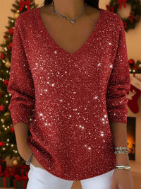 Festive Sparkle V-Neck Long Sleeve Top