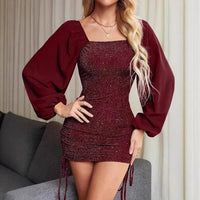 Festive Sparkly Bodycon Mini Dress with Puff Sleeves and Square Neckline
