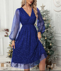 Festive Sparkly Midi Dress with Puff Sleeves and V-Neckline