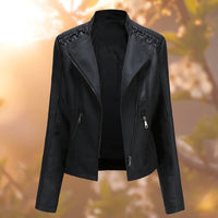 Fitted Faux Leather Biker Jacket with Lace-Up Shoulder Detail