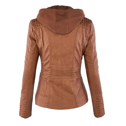 Fitted Faux Leather Jacket with Removable Hood and Zip Pockets