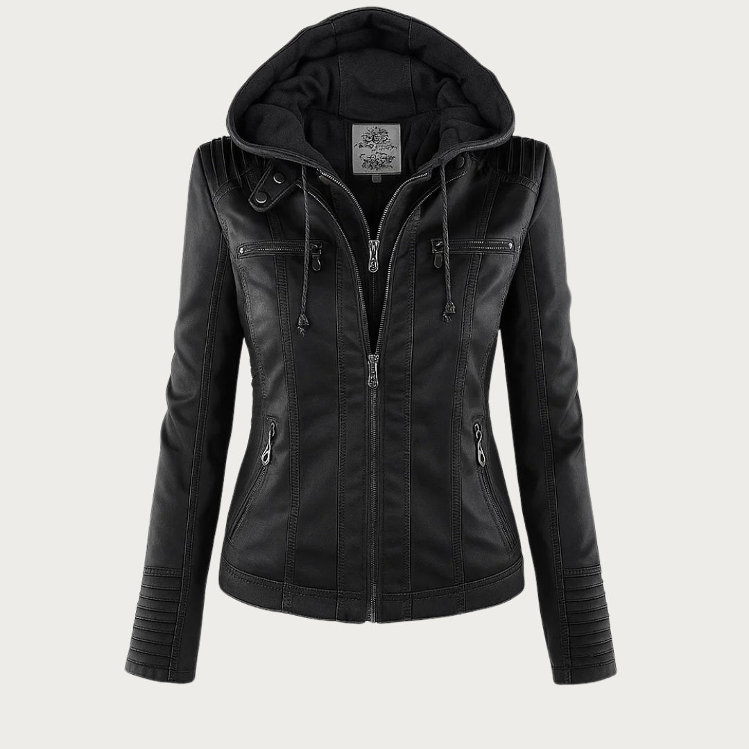 Fitted Faux Leather Jacket with Removable Hood and Zip Pockets