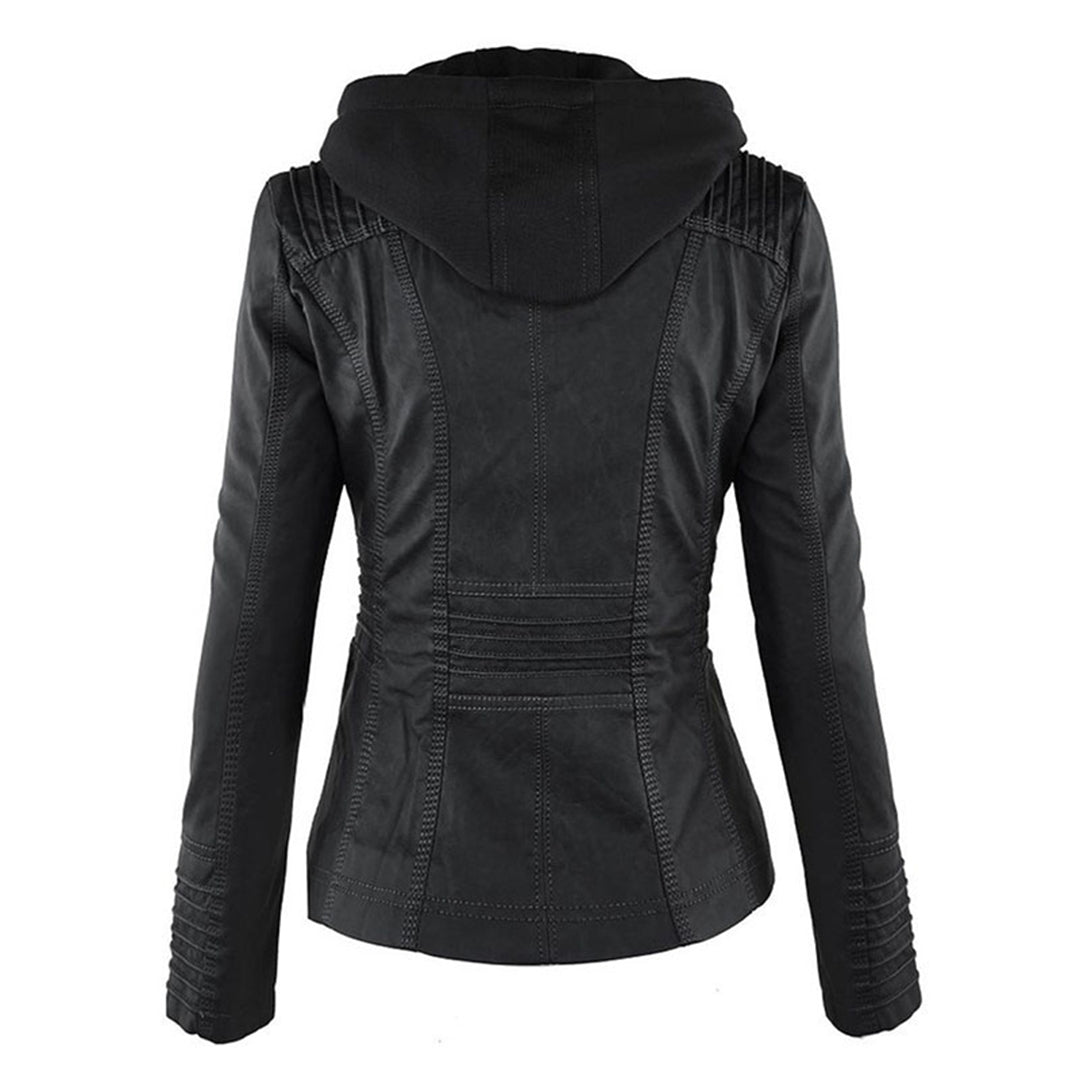 Fitted Faux Leather Jacket with Removable Hood and Zip Pockets