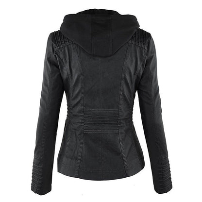 Fitted Faux Leather Jacket with Removable Hood and Zip Pockets