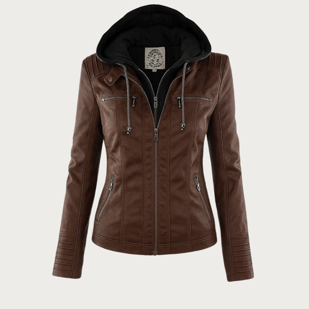 Fitted Faux Leather Jacket with Removable Hood and Zip Pockets