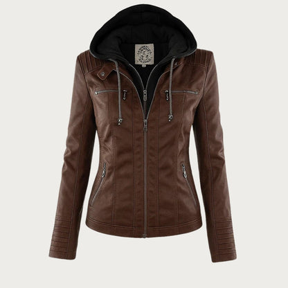 Fitted Faux Leather Jacket with Removable Hood and Zip Pockets