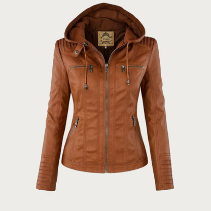Fitted Faux Leather Jacket with Removable Hood and Zip Pockets