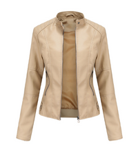 Fitted Faux Leather Jacket with Stand Collar and Zip Pockets