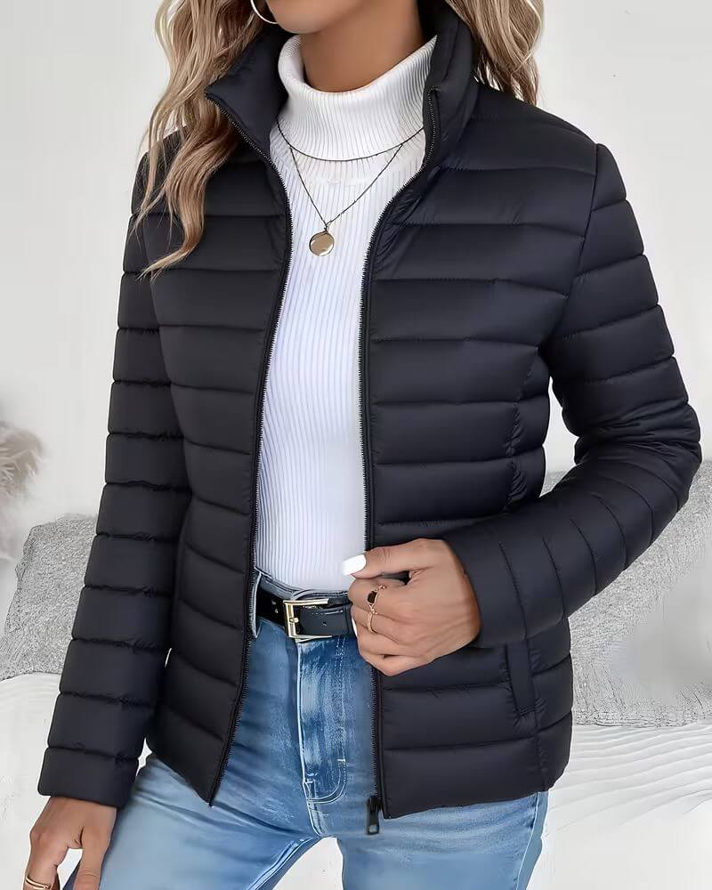 Fitted Lightweight Puffer Jacket with Stand Collar